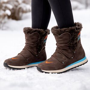 Nike Pom Pom Lace Chukka Winter Boots Brown Suede & Faux Fur Women's 7 Y2K Rare